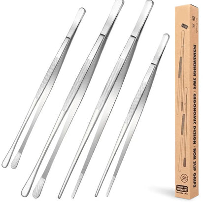 4 Pcs Fine Long Tweezer Tongs Professional Black Set,12'' and 10'' Stainless Steel for Kitchen Utensils , Food, Cooking, Repairing, Sea food and BBQ