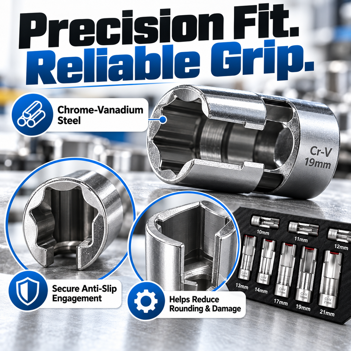 🔧9-Piece Injector & Sensor Line Socket Set – 10–22mm Open-Side Cr-V Sockets, 3/8' & 1/2' Drive