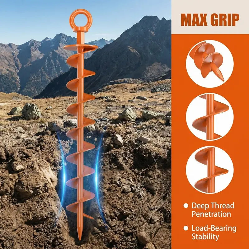 Full-length orange helical ground anchor with close-ups of its pointed tip and continuous spiral blades