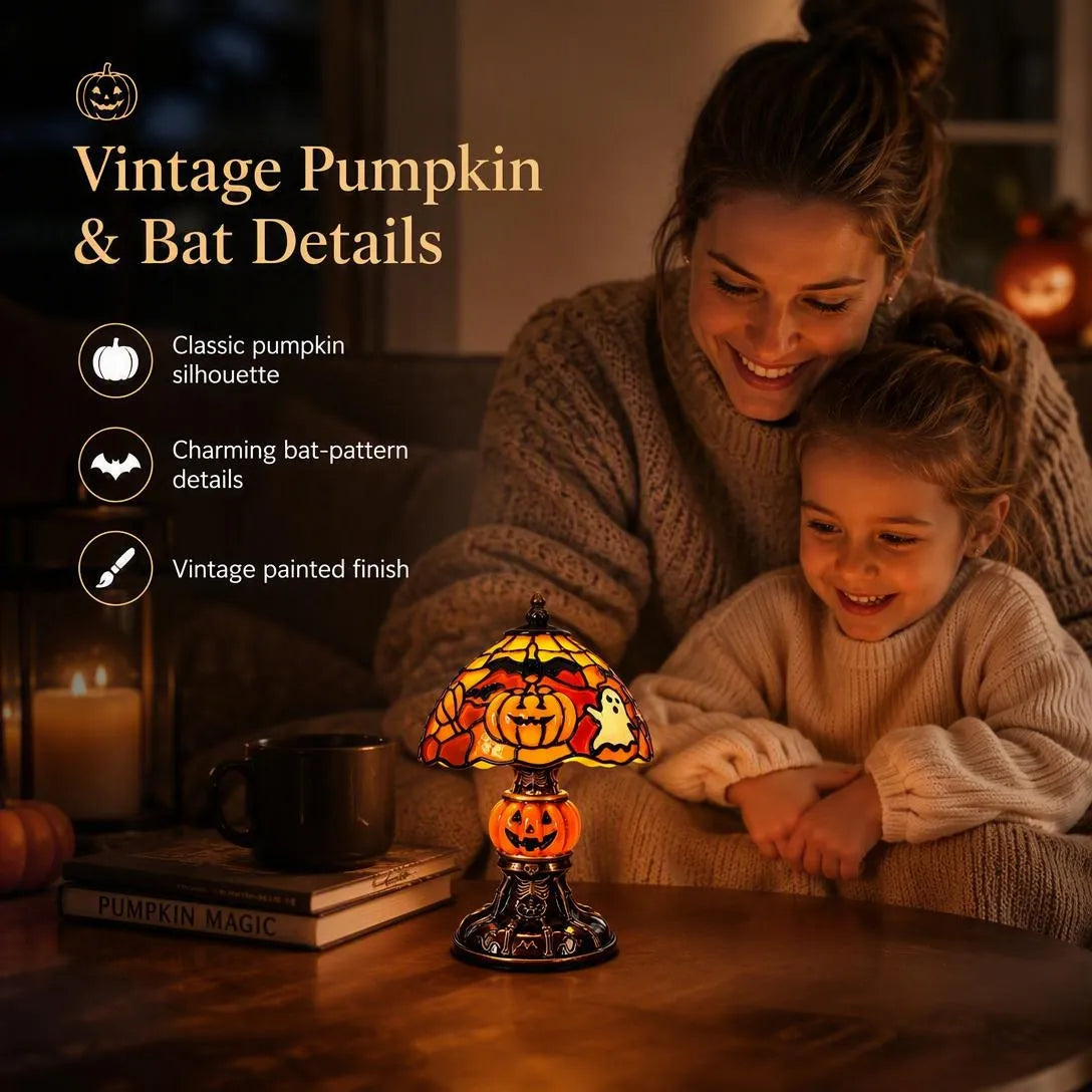 Vintage Pumpkin Bat Halloween Table Lamp