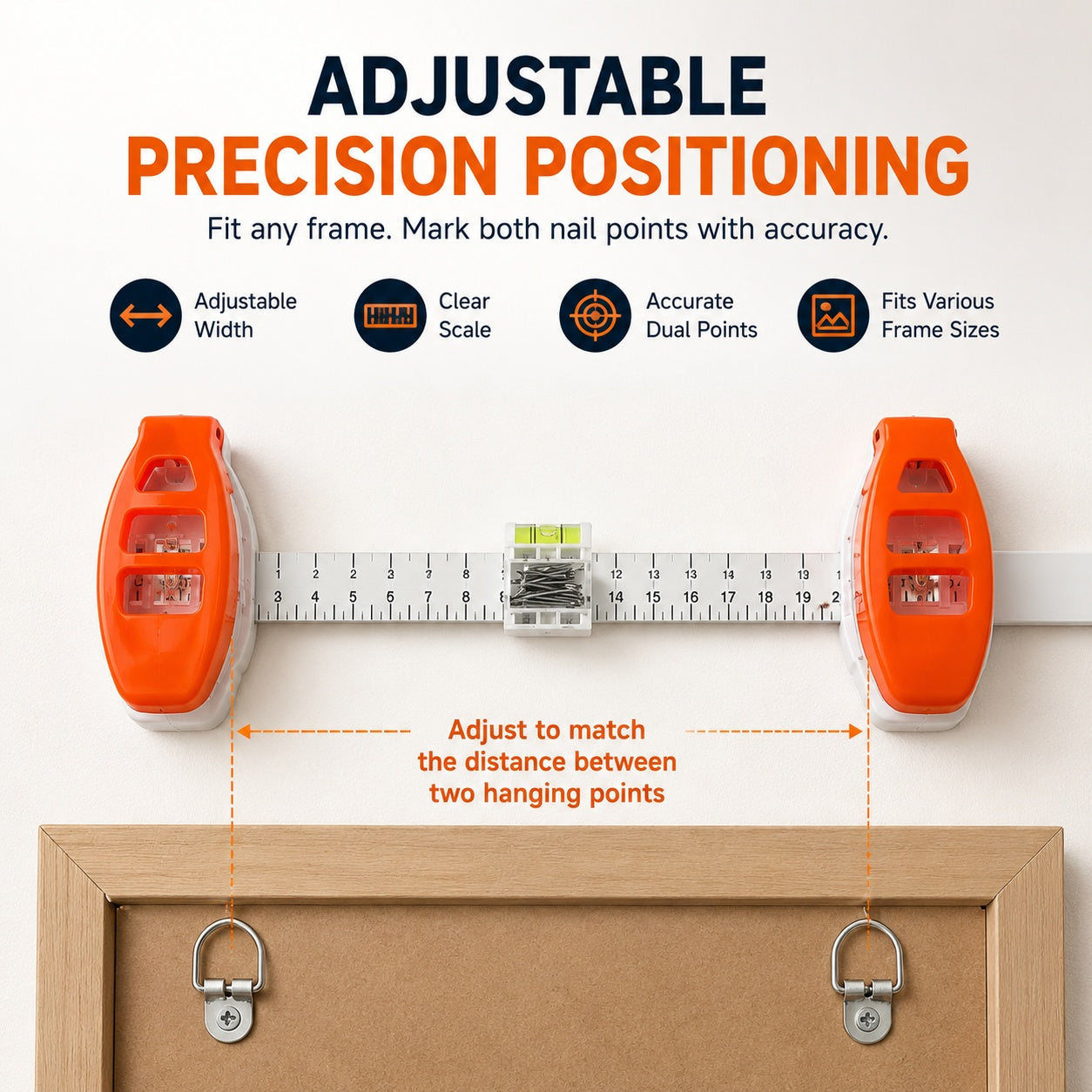 Adjustable Picture Hanging Tool with Built-In Level & Nail Positioning