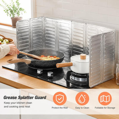 Foldable aluminum foil oil splash guard, heat-insulating and oil-proof baffle, suitable for cooking on household kitchen gas stoves, induction cookers and other cooking applications.