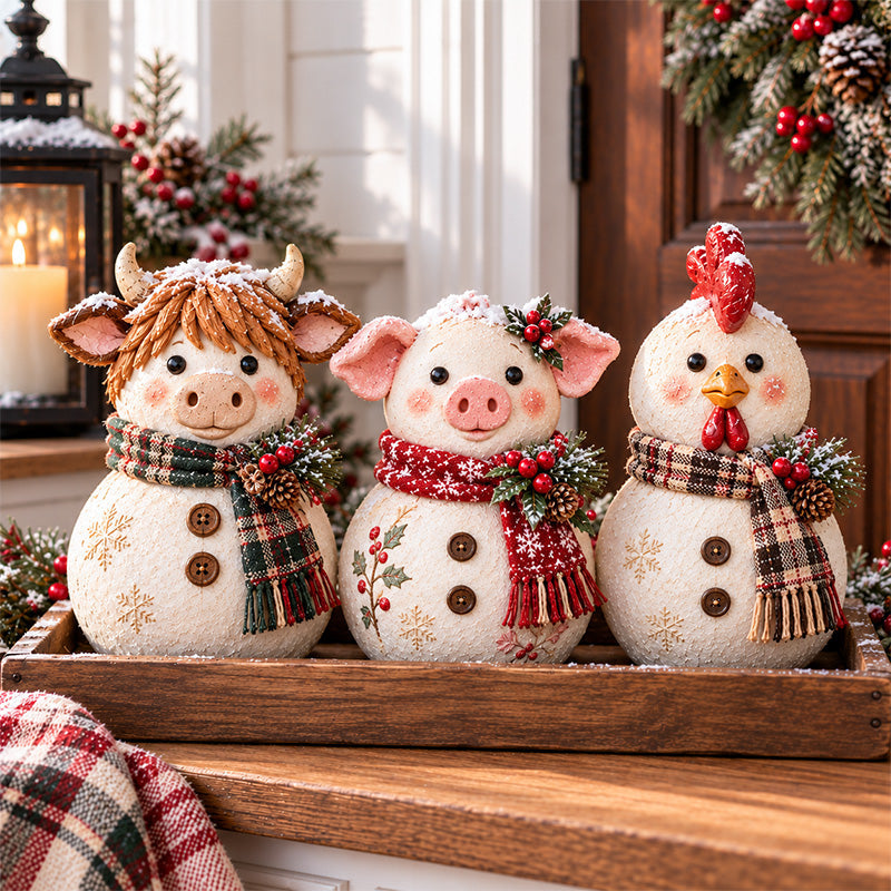 🐮 Farm Animal Snowman Trio – Highland Cow, Pig & Chicken Christmas Decorations with Rustic Tray