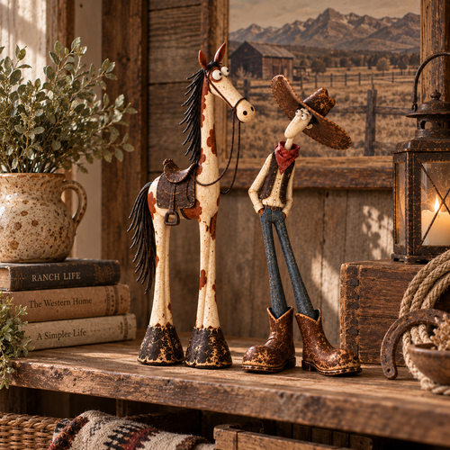 🤠🐴Whimsical Western Cowboy & Horse Figurine — Funny Wild West Decor