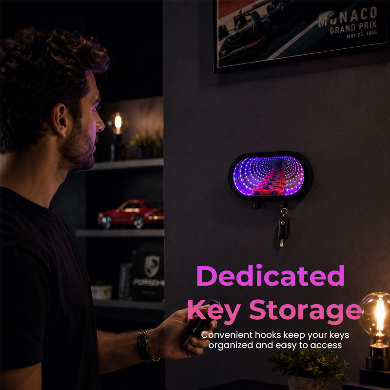 Infinity Mirror Garage Key Holder – LED Wall Decor for Car Lovers