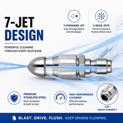 💦Stainless Steel Sewer Jetter Nozzle – 1/4' Quick Connect Drain Cleaning Attachment for Pressure Washers