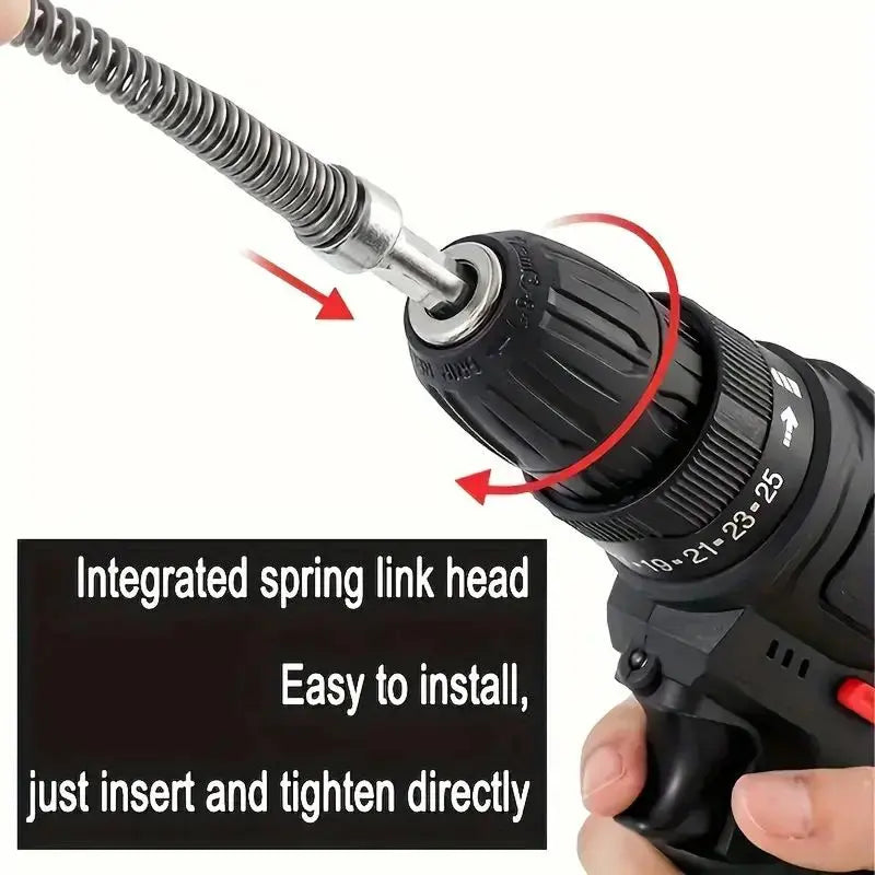 Drain cleaning snake connector secured into cordless drill chuck