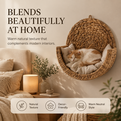 Handwoven Wall-Mounted Cat Bed – Cozy Space-Saving Cat Perch with Cushion