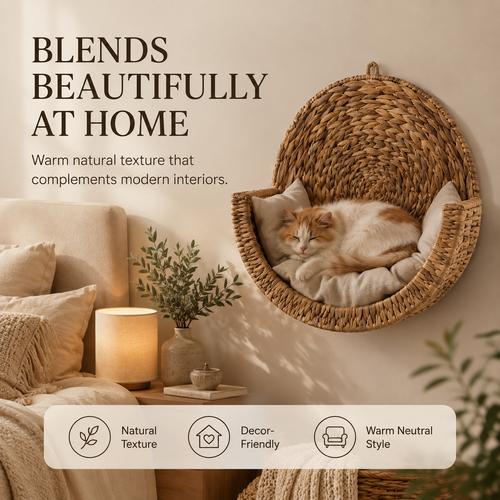 Handwoven Wall-Mounted Cat Bed – Cozy Space-Saving Cat Perch with Cushion