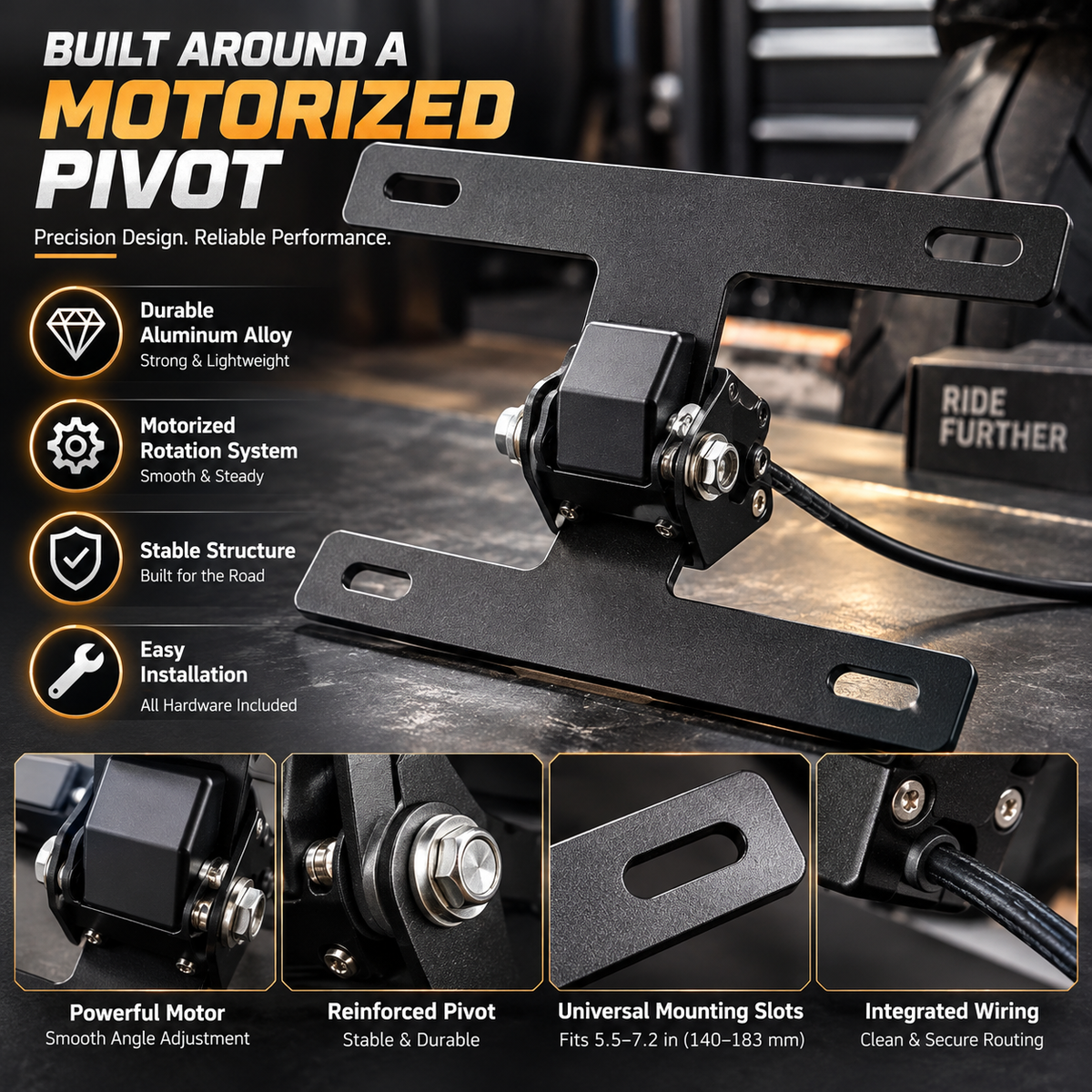 ⚙️Electric Adjustable Motorcycle Plate Bracket – Up to 160° Motorized Angle Control