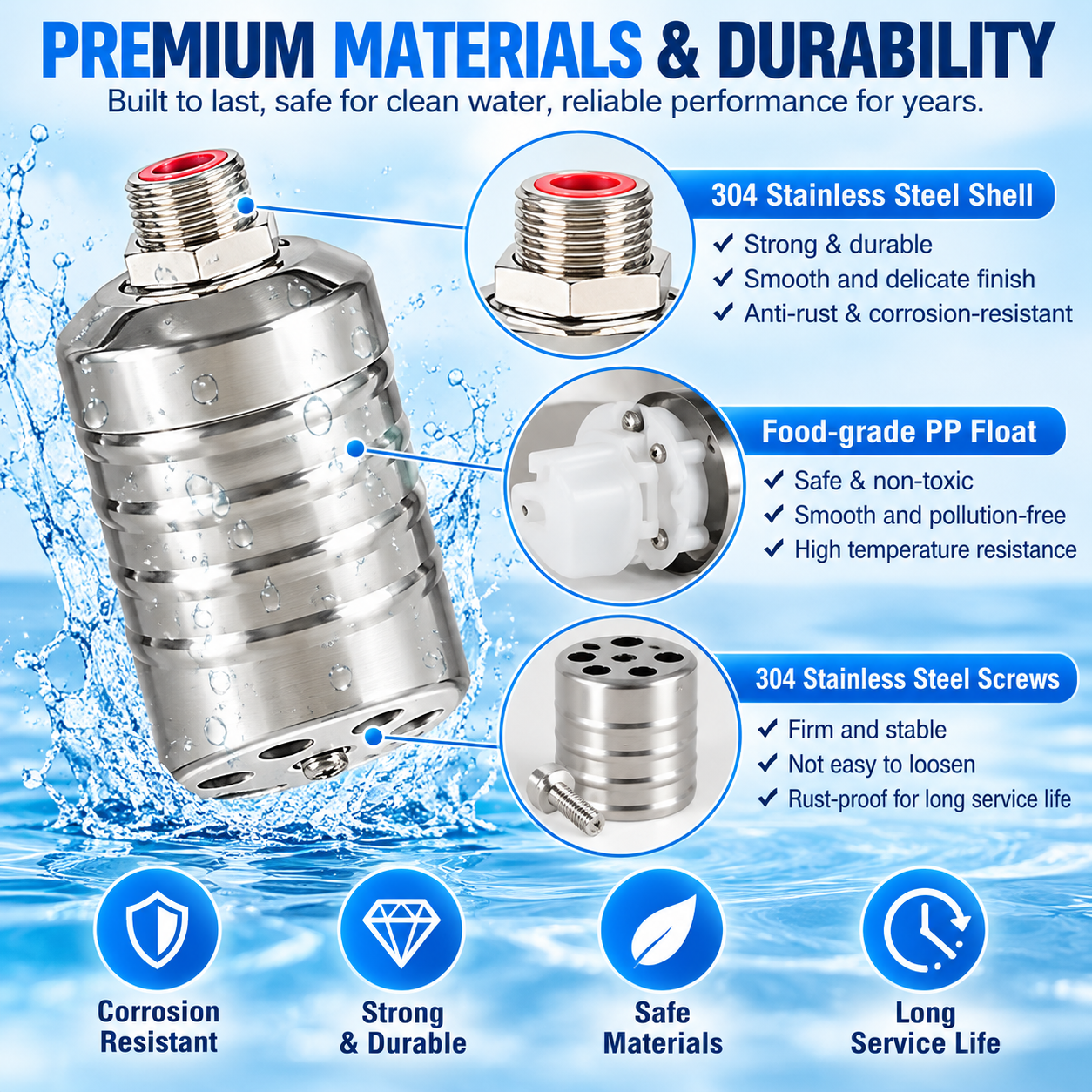 304 stainless steel valve shell PP float and stainless steel screws