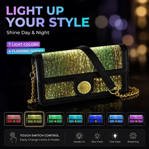 Fiber Optic Light Up Crossbody Bag, 7 Colors Glowing PU Leather Shoulder Purse