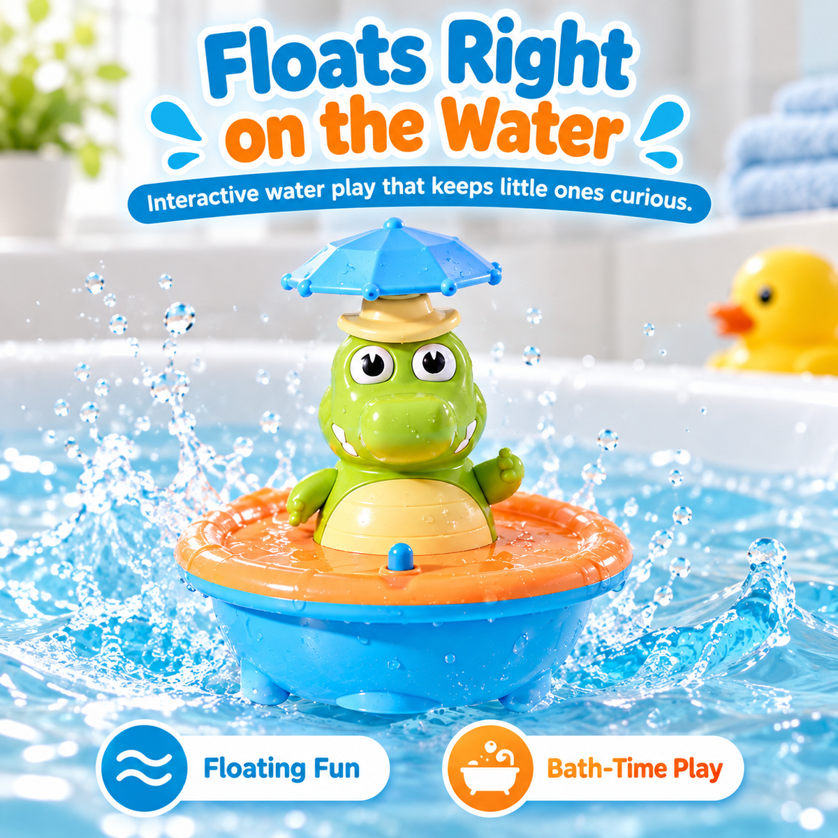 🐊 Floating Crocodile Bath Sprinkler Toy | 4 Spray Tops & Light-Up Water Play