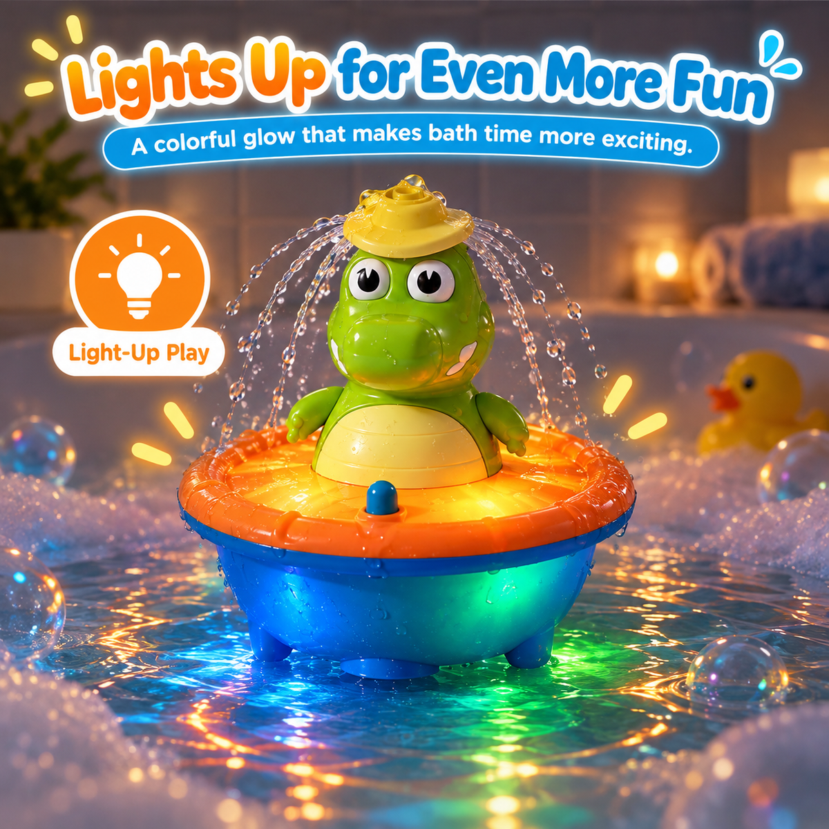 🐊 Floating Crocodile Bath Sprinkler Toy | 4 Spray Tops & Light-Up Water Play
