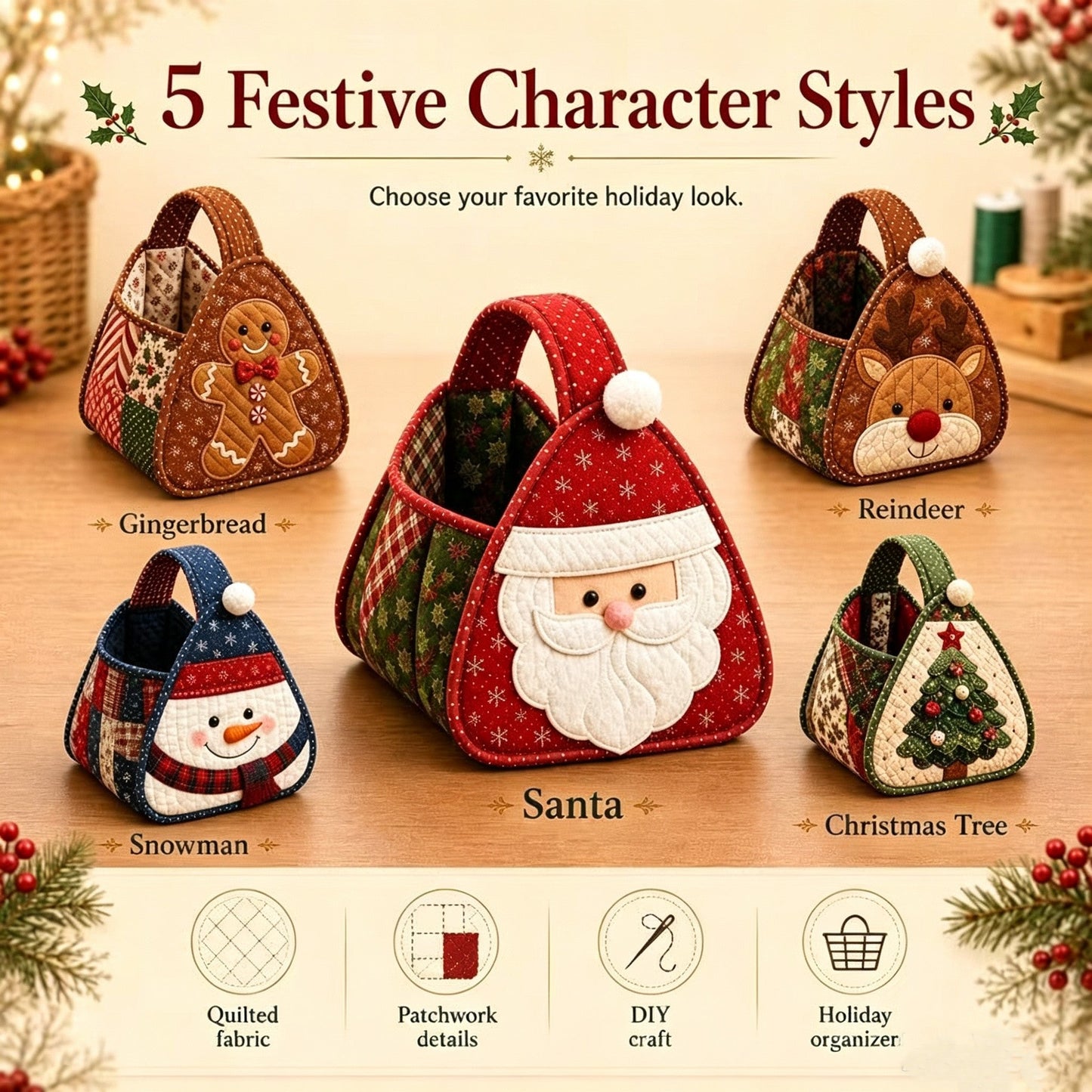 🎄 Christmas Quilted Carry Basket – DIY Sewing Kit & Finished Basket 🎁