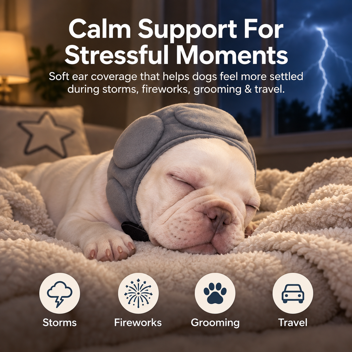 Dog wearing soft padded ear wrap during a thunderstorm