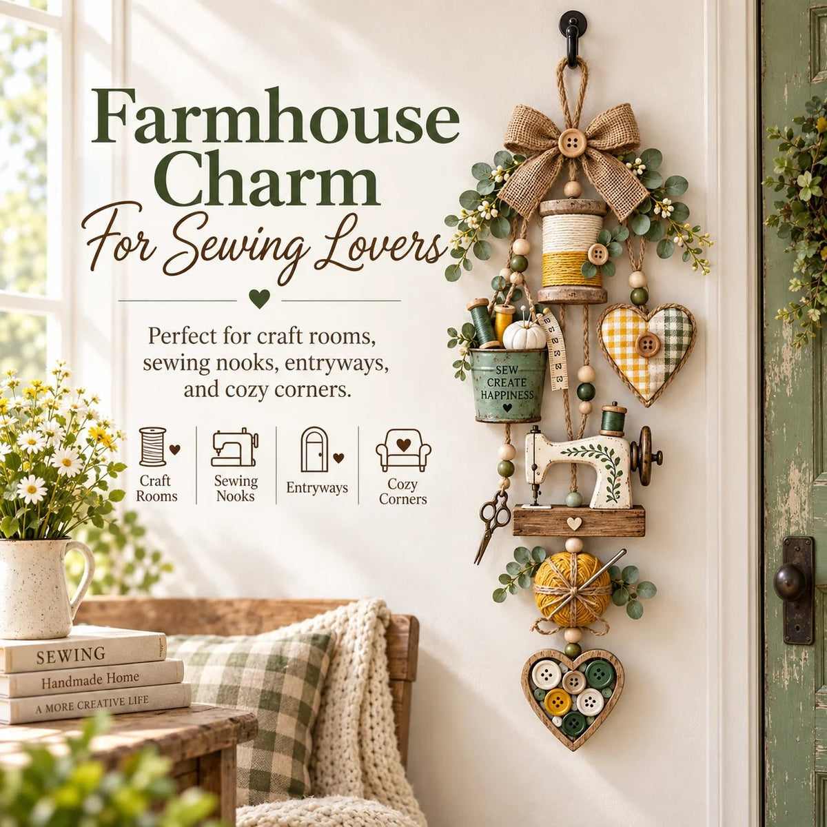 Farmhouse sewing wall decoration for craft rooms sewing nooks entryways and cozy corners