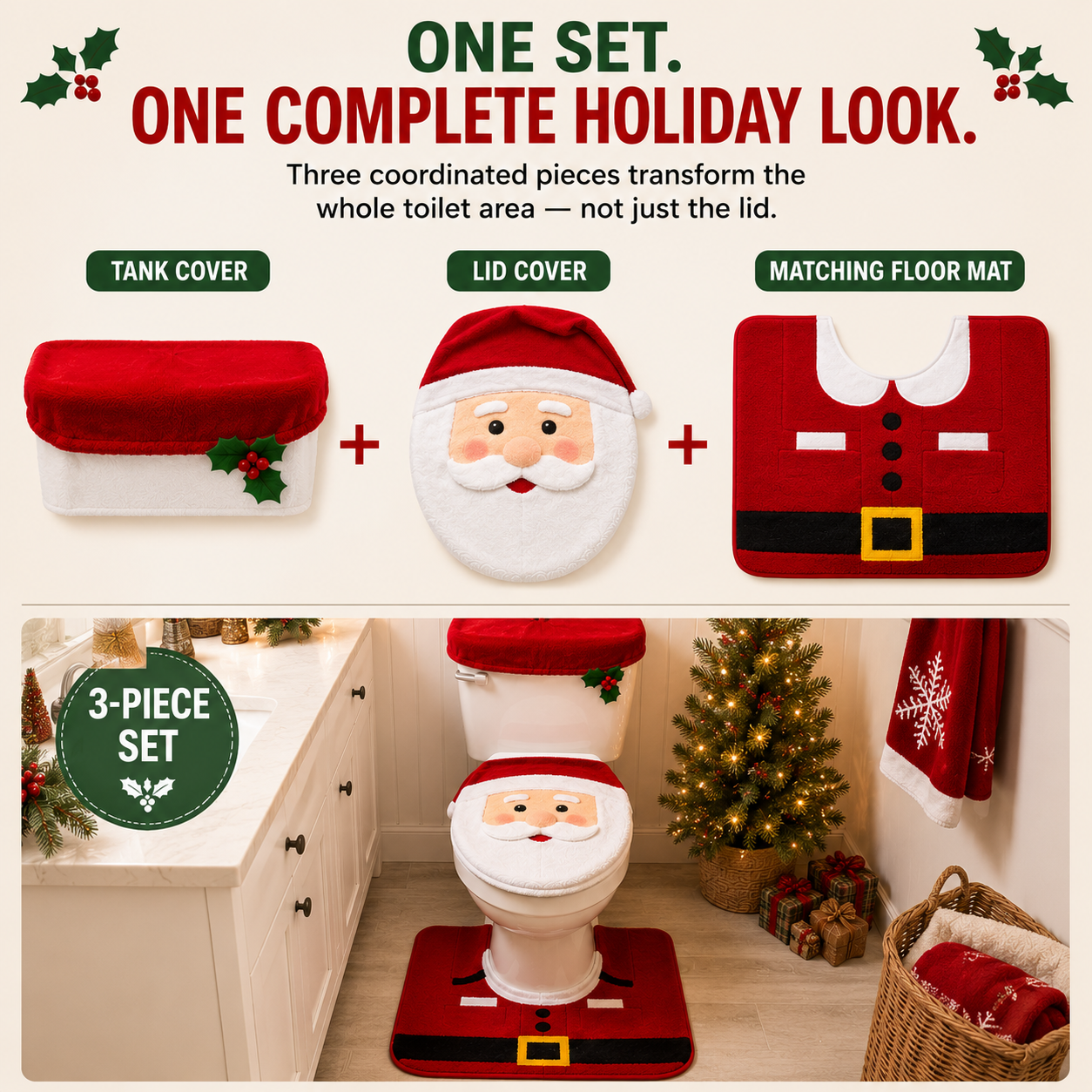 🎅Christmas Toilet Decor Set | 3-Piece Bathroom Holiday Makeover