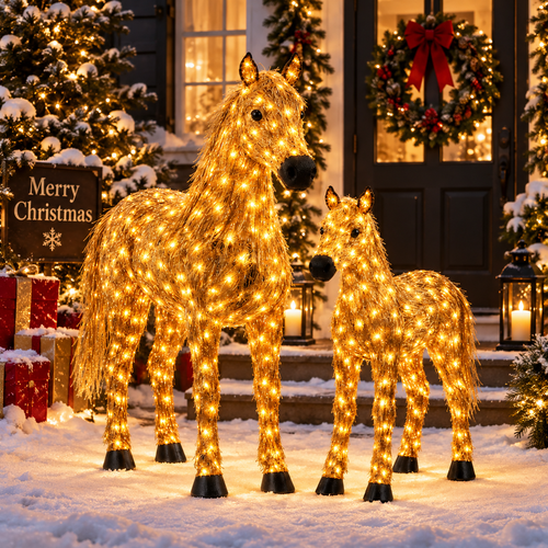 🐴 Light-Up Christmas Horse & Foal Set – Warm White LED Holiday Display