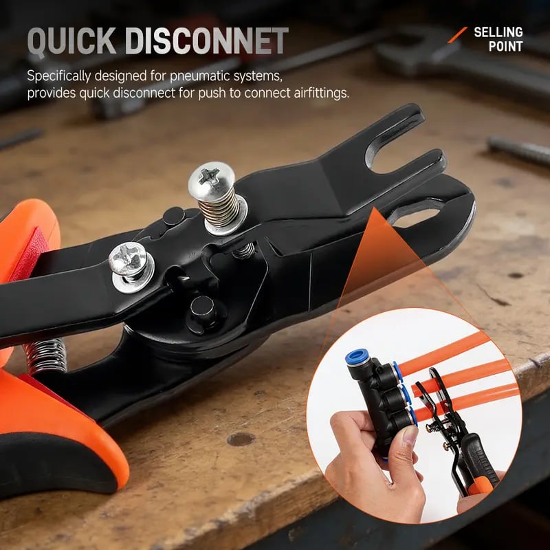 Quick disconnect end of push-to-connect fitting remover pliers