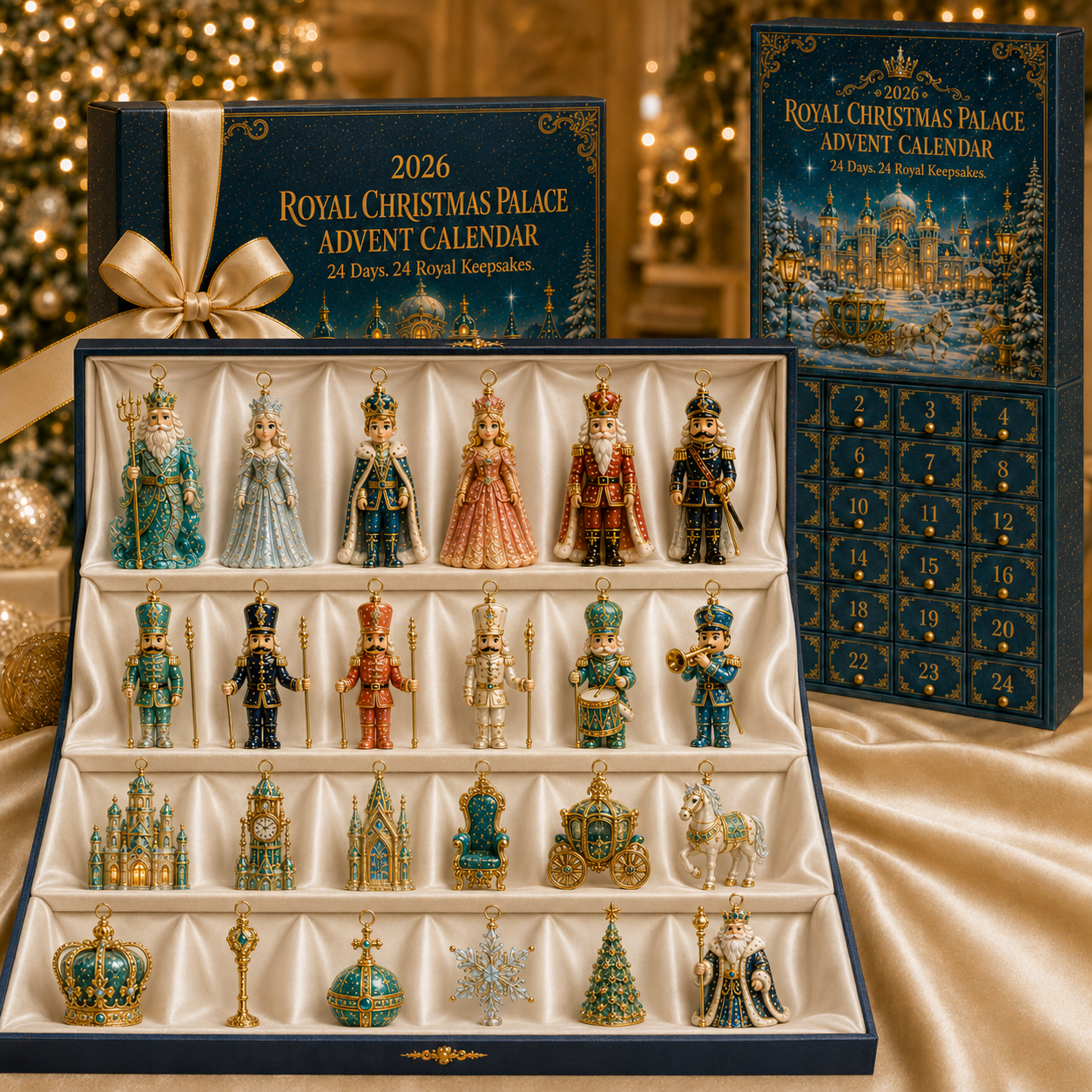Complete coordinated Royal Christmas ornament collection in display tray