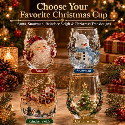 ✨Magical Christmas 3D Glass Cup Collection – Santa, Reindeer, Snowman & Christmas Tree