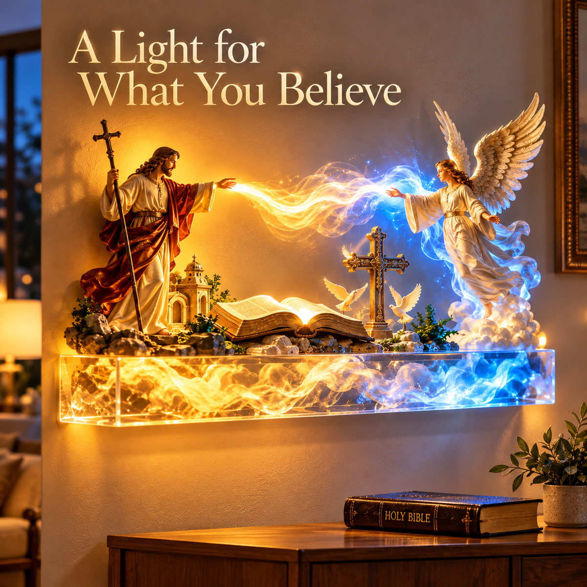 Divine Light of Faith wall display above console with Holy Bible