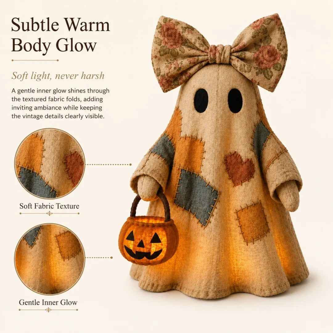 👻 25.6" Lighted Vintage Patchwork Ghost – Cozy Halloween & Fall Home Decor
