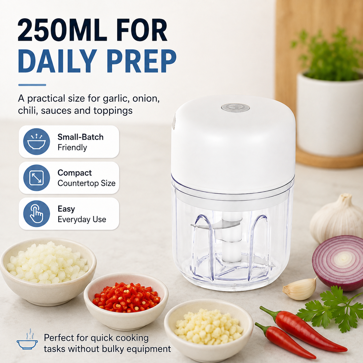 ⚡ 250ml Mini Electric Food Chopper  3-Blade One-Touch Garlic & Veggie Cutter