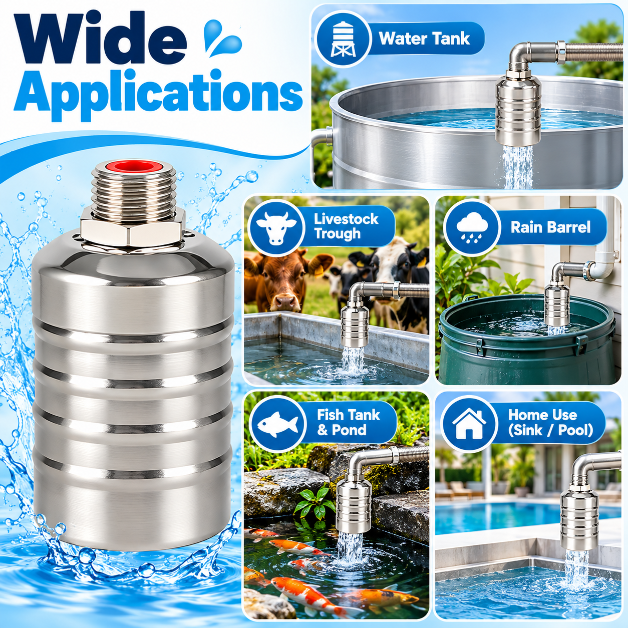 Float valve applications in storage tank livestock trough rain barrel pond and household water system