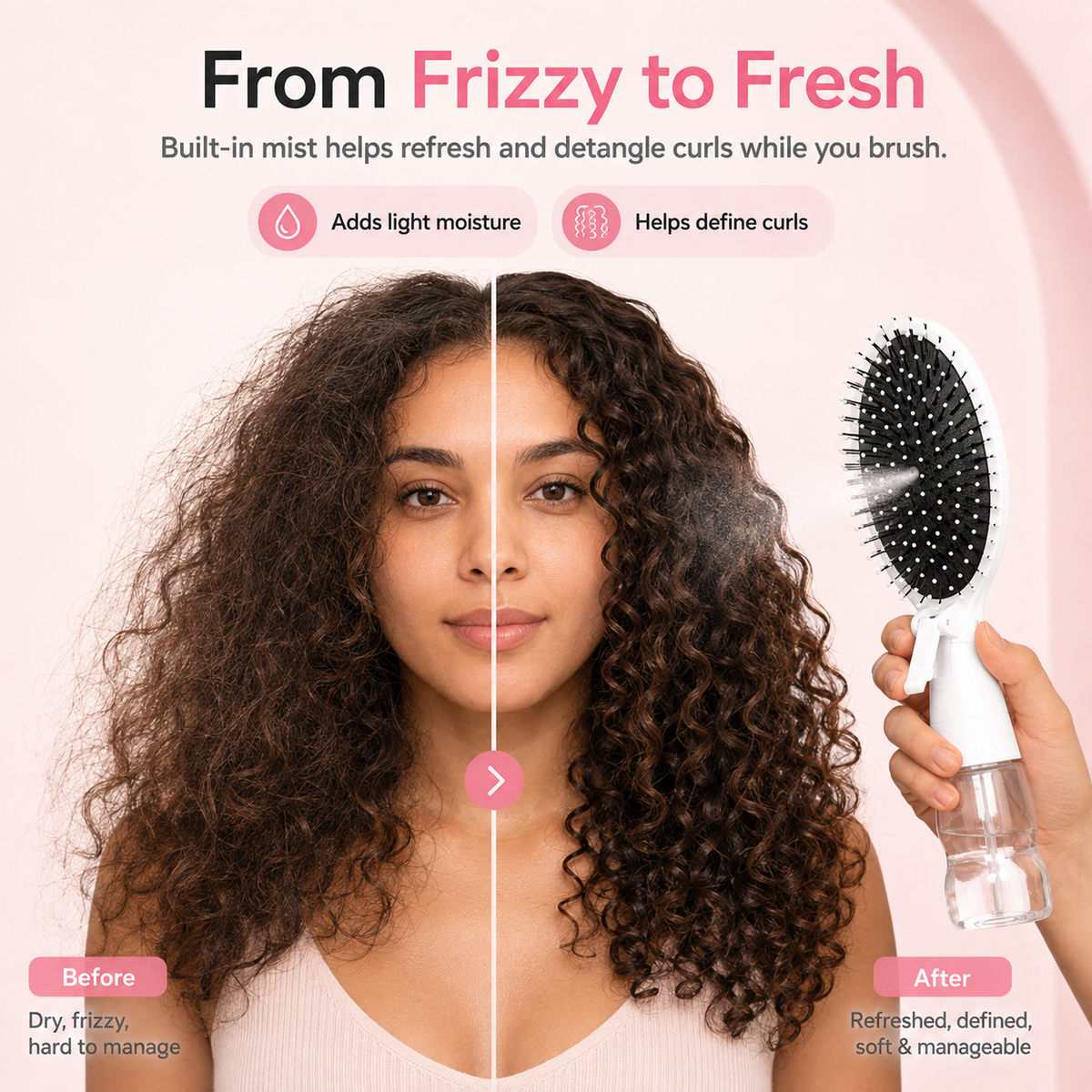 💦 2-in-1 Mist Spray Hair Brush – Detangling & Curl Refresh Brush With Refillable Reservoir