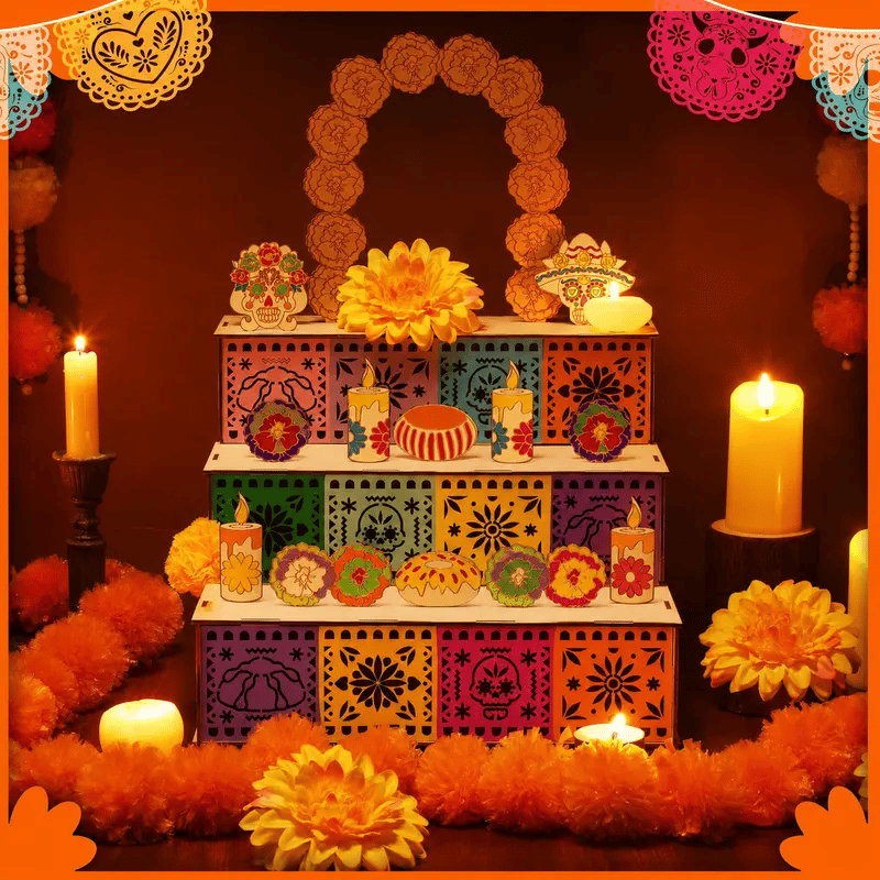 Warm Día de los Muertos wooden altar display surrounded by marigolds