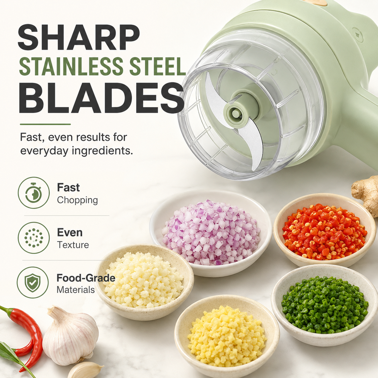 Sharp stainless steel blades inside electric food chopper