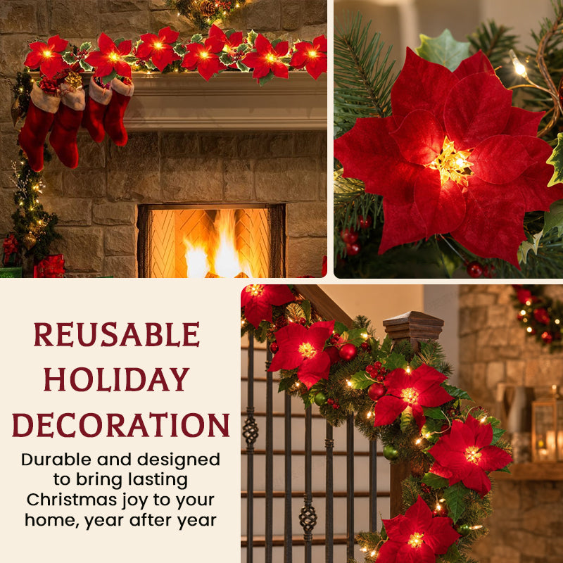 🎄Lighted Poinsettia Christmas Garland – Warm LED Holiday Greenery