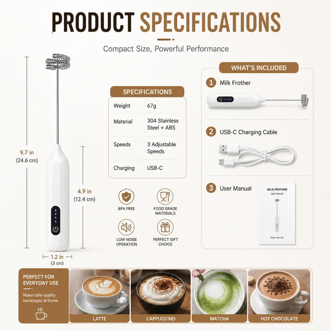 3-Speed Rechargeable Milk Frother for Café-Style Drinks