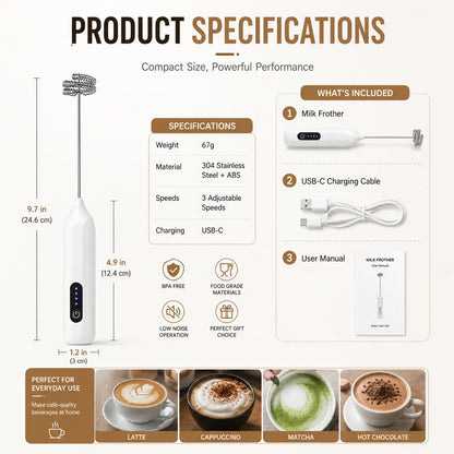 3-Speed Rechargeable Milk Frother for Café-Style Drinks