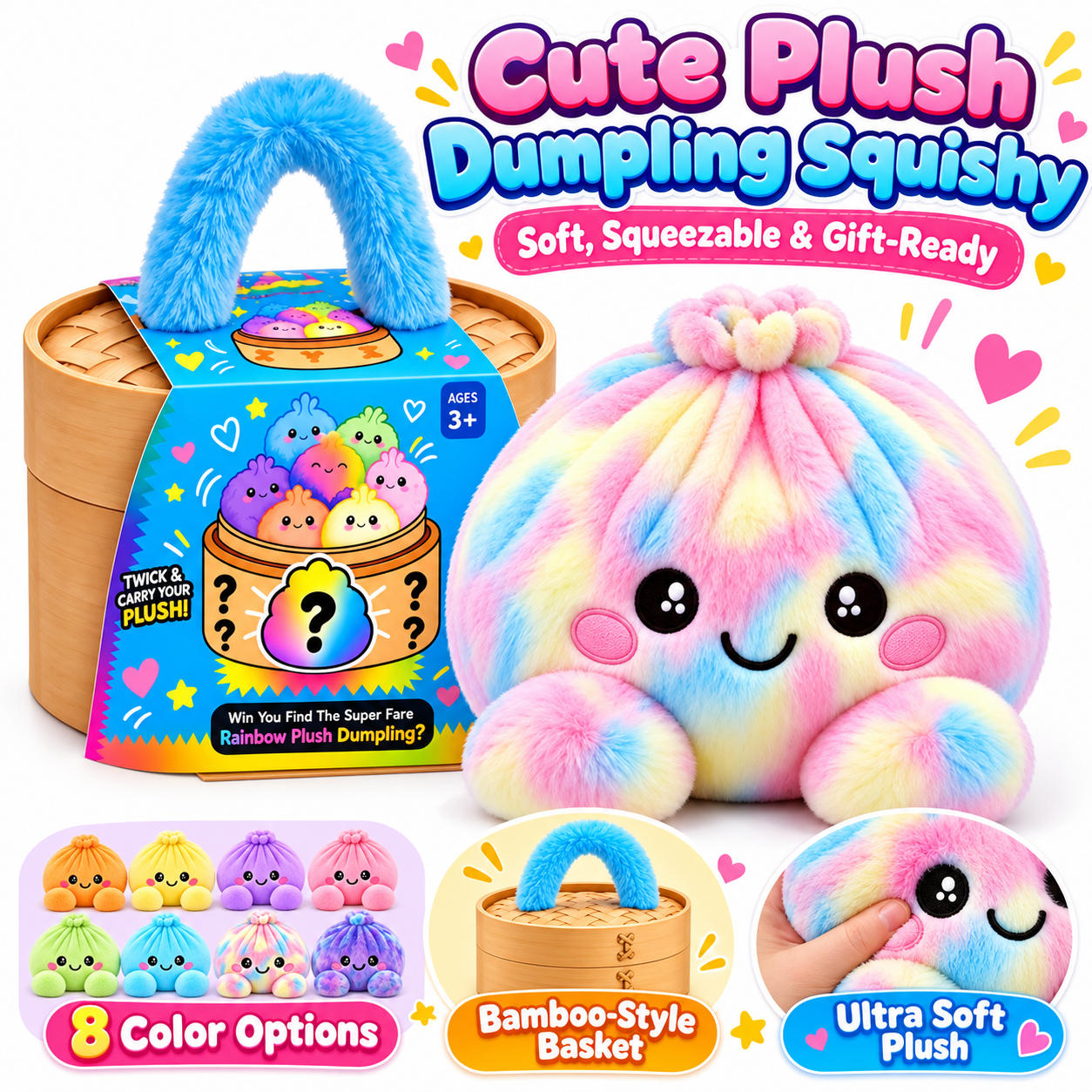 Rainbow pink plush dumpling beside its bamboo-style steamer basket