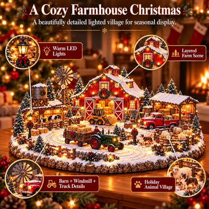 🎄🚜 Christmas Farm Village™ – Lighted Holiday Farm Scene with Tractor, Red Barn & Farm Animals