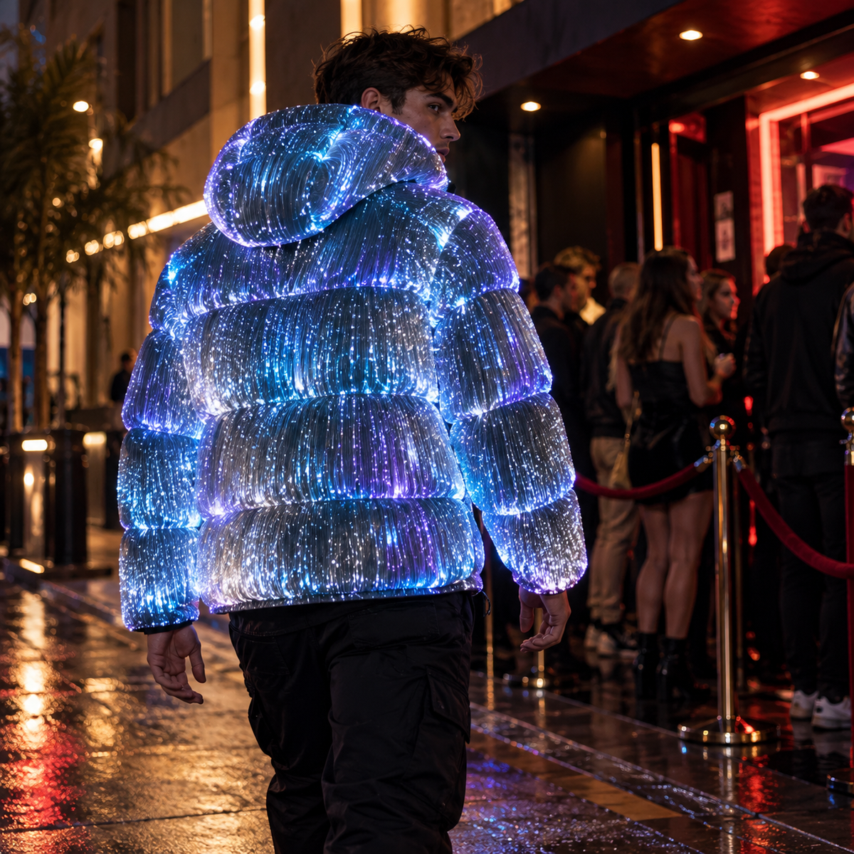 ⚡🌌LED Light-Up Puffer Jacket – All-Over Fiber Optic Glow, Hooded Winter Coat for Festivals & Nightlife ✨
