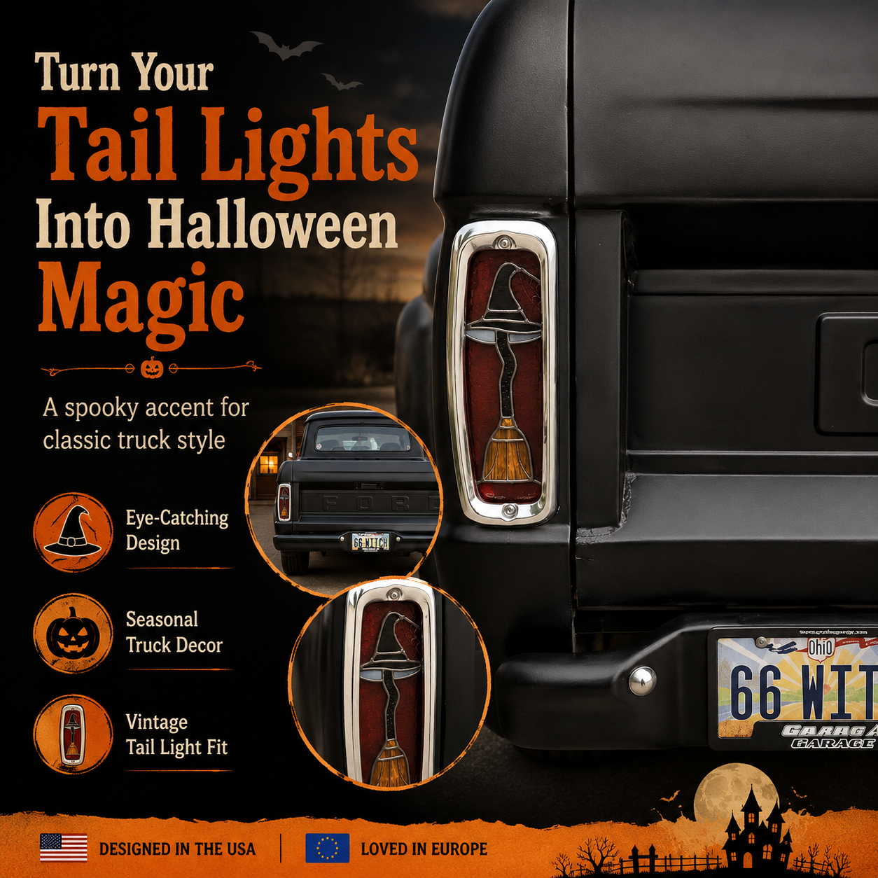 🎃 Halloween Witch Hat & Broom Tail Light Lens Accent for Classic Trucks（2 PCS）