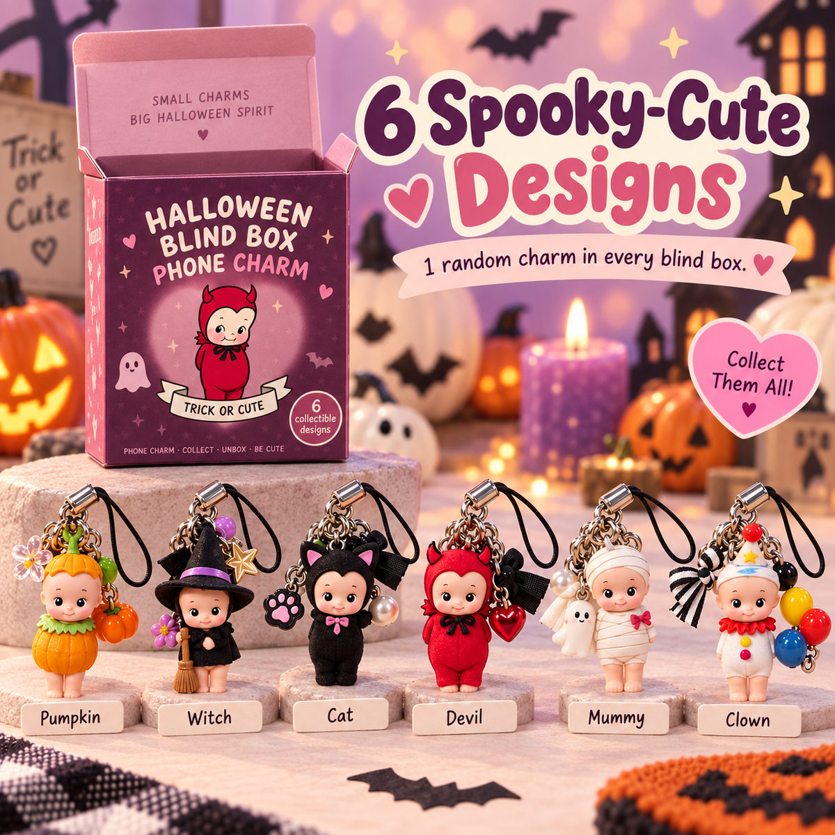 🎃 Halloween Mystery Blind Box Phone Charm – 1 of 6 Spooky-Cute Collectible Designs