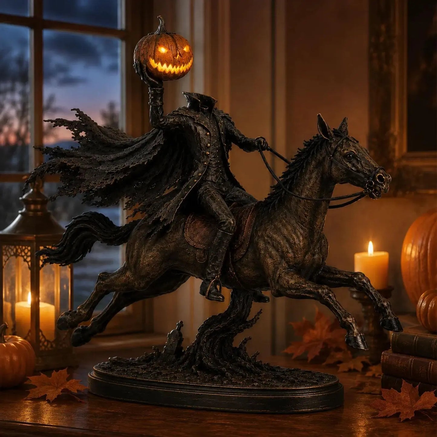 🎃 HOT SALE | Lighted Headless Horseman Statue – LED Pumpkin Halloween Decor for Mantel, Desk & Home