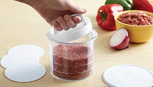Hamburger Press Patty Maker - Non-Stick Burger Mold Shaper with Freezer Storage Container - 12-Piece Set with 8-Layer Plastic Discs for BBQ Grill.