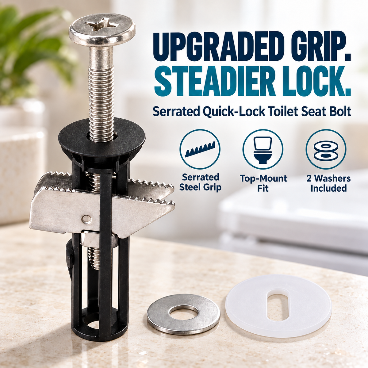 🔒 Universal Locking Toilet Seat Fixing Bolt – 304 Stainless Steel Quick-Lock Kit with 2 Washers