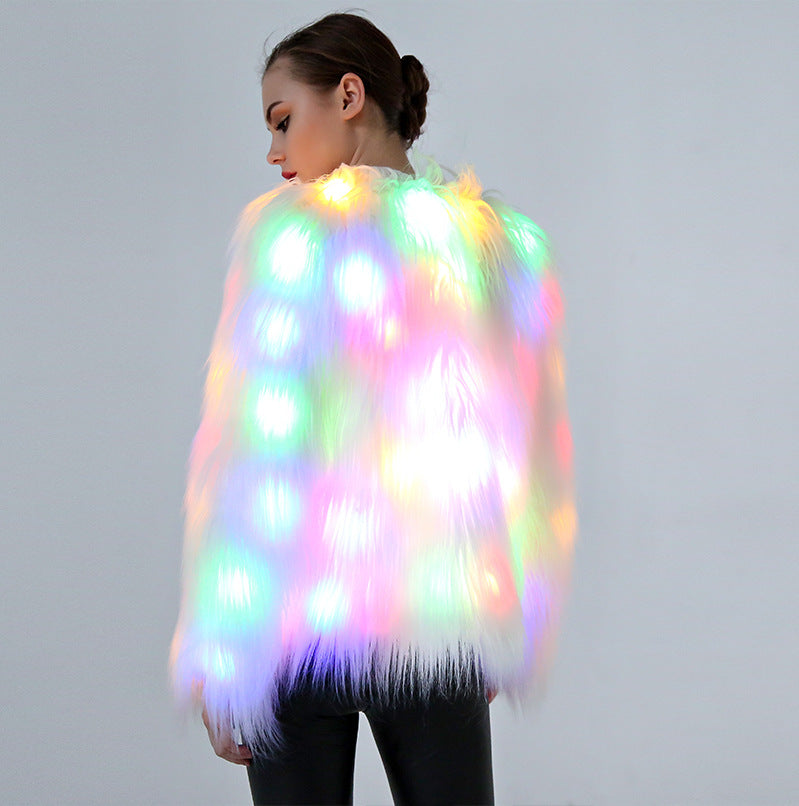 LED Light-Up Faux Fur Jacket – Colorful Glow Festival Coat