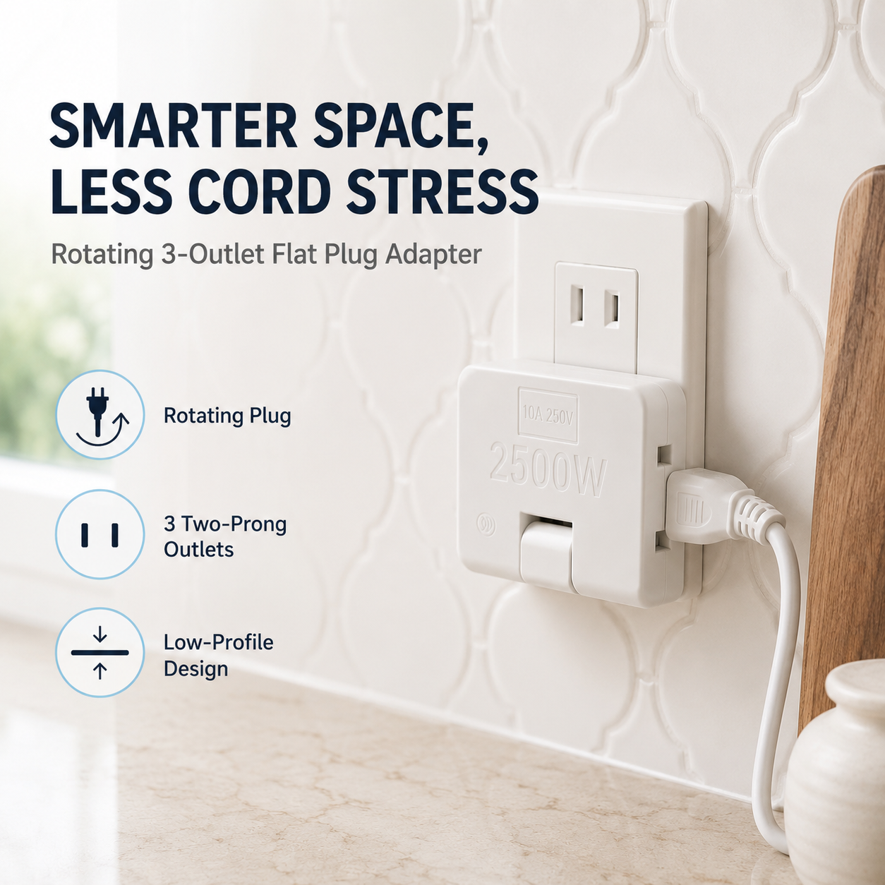 🔌 Rotating 3-Outlet Flat Plug Adapter – Save Space & Reduce Cord Bending