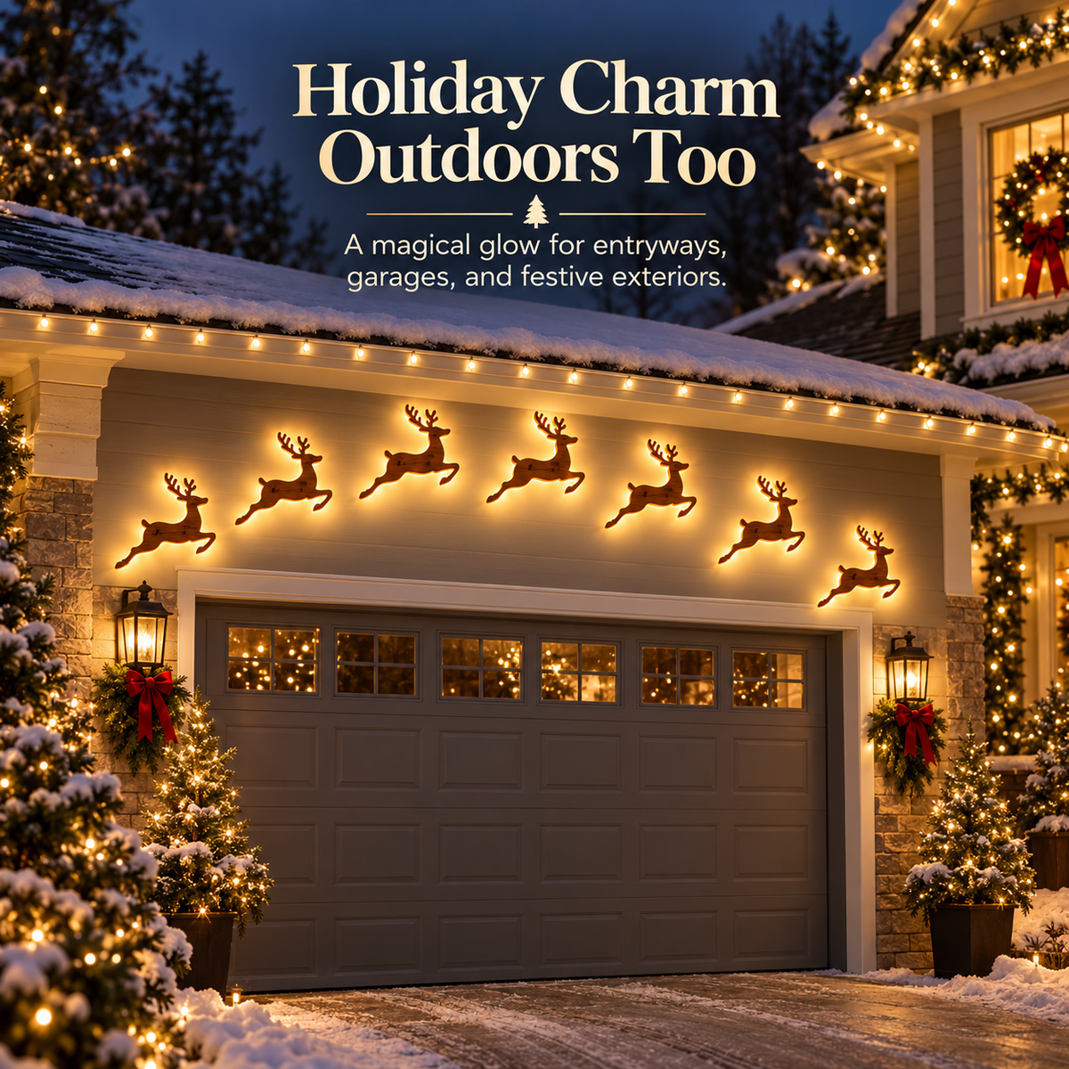 Glowing reindeer arranged above Christmas decorated garage