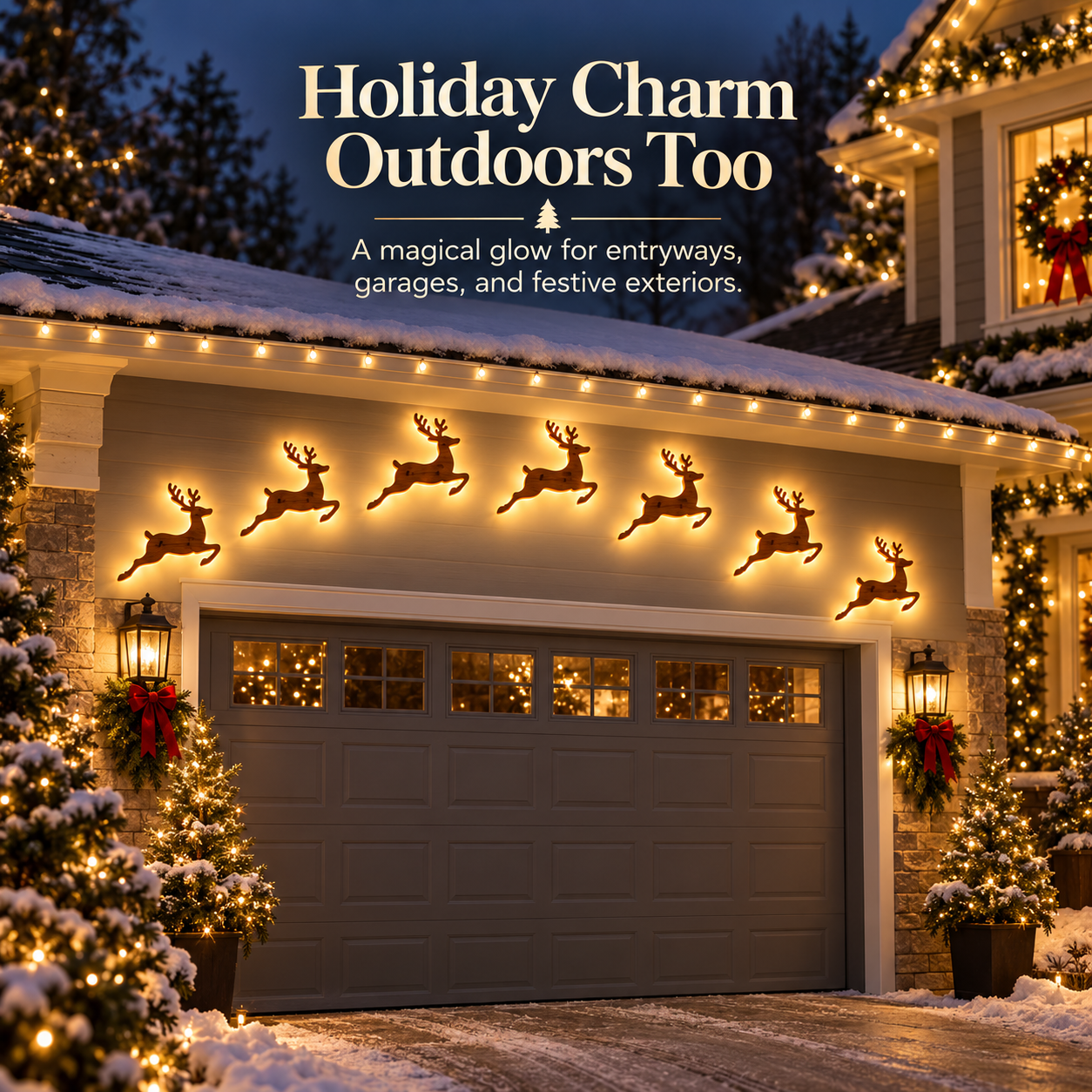 🦌 7-Piece Glowing Reindeer Wall Decor – Warm Christmas Flying Reindeer Light Set