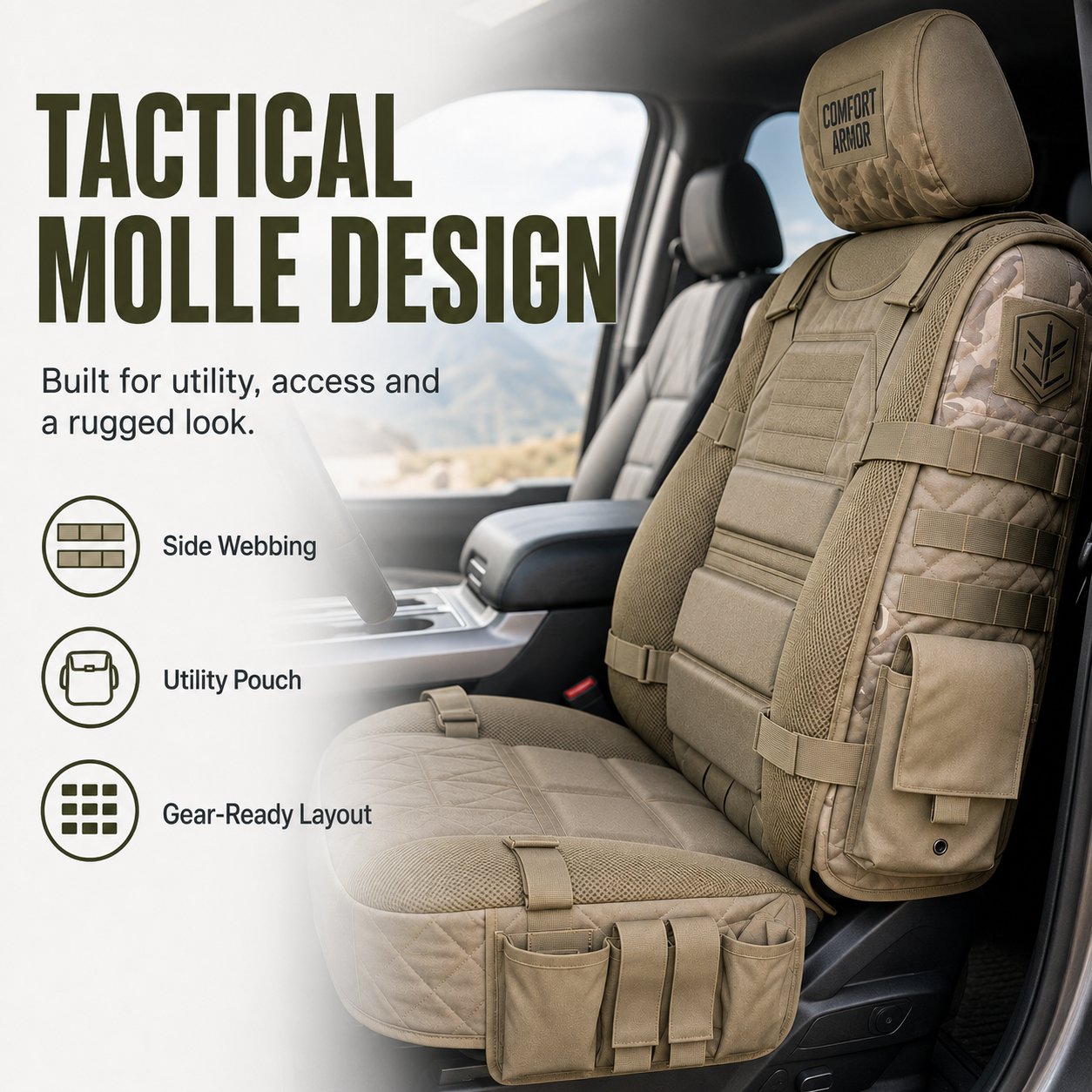 Tactical MOLLE car seat design with webbing and utility pouch