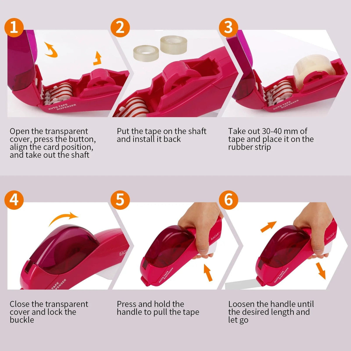 Six step loading instructions for one hand tape dispenser